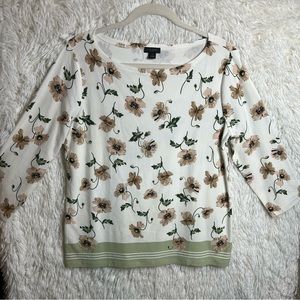 Ann Taylor Blouse Womens Medium 3/4 Sleeve Ivory Floral Casual Stretch